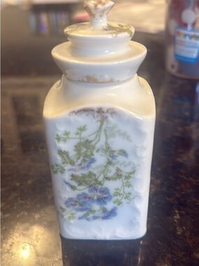 Porcelain AKD France Floral Apothecary Jar-Cream with Blue & Green Floral Design